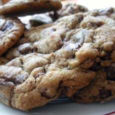 Super delicious chocolate chip cookies on a plate.